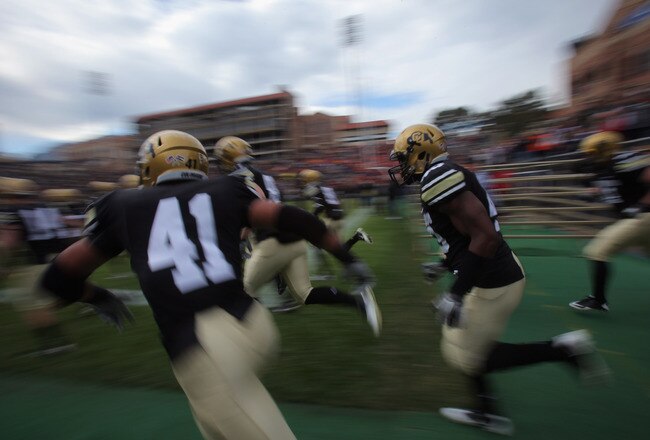 BOULDER, CO - NOVEMBER 13:  The Colorado Buffaloes take the field to face the Iowa State Cyclones at Folsom Field on November 13, 2010 in Boulder, Colorado. Colorado defeated Iowa State 34-14.  (Photo by Doug Pensinger/Getty Images)