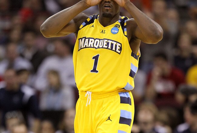 CLEVELAND, OH - MARCH 18:  Darius Johnson-Odom #1 of the Marquette Golden Eagles gestures after making a three point basket against the Xavier Musketeers during the second round of the 2011 NCAA men's basketball tournament at Quicken Loans Arena on March 18, 2011 in Cleveland, Ohio.  (Photo by Andy Lyons/Getty Images)