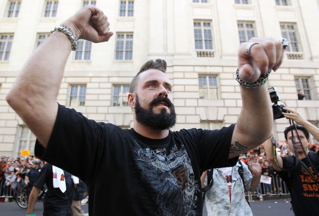 SAN FRANCISCO - NOVEMBER 03:  Pitcher Brian Wilson of the San Francisco Giants walks down the street during the San Francisco Giants victory parade on November 3, 2010 in San Francisco, California.  (Photo by Ezra Shaw/Getty Images)