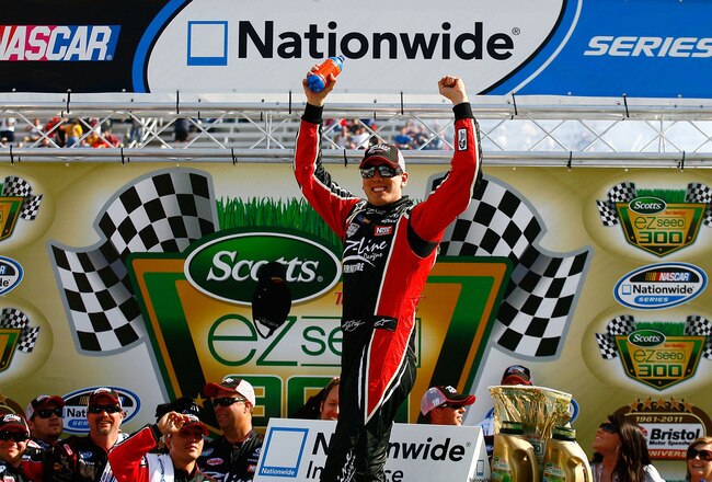 BRISTOL, TN - MARCH 19:  Kyle Busch, driver of the #18 Z-Line Designs Toyota, celebrates in Victory Lane after winning the NASCAR Nationwide Series Scotts EZ Seed 300 at Bristol Motor Speedway on March 19, 2011 in Bristol, Tennessee.  (Photo by Jason Smith/Getty Images for NASCAR)