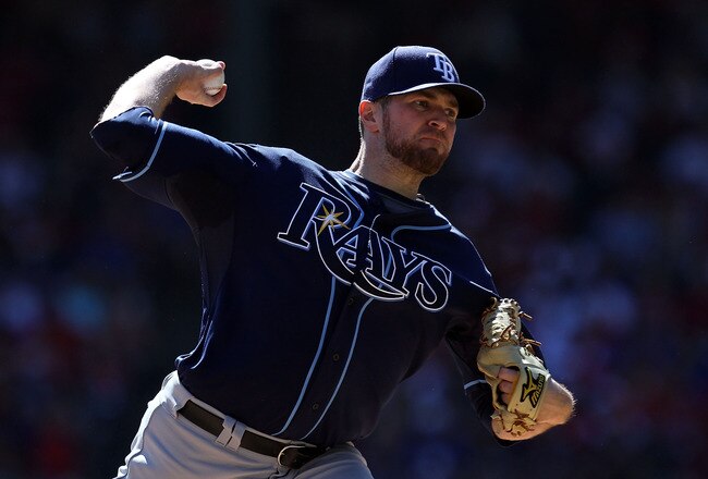 ARLINGTON, TX - OCTOBER 10:  Pitcher Wade Davis #40 of the Tampa Bay Rays throws against the Texas Rangers in the first inning during game 4 of the ALDS at Rangers Ballpark in Arlington on October 10, 2010 in Arlington, Texas.  (Photo by Ronald Martinez/Getty Images)