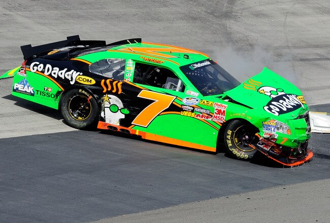 BRISTOL, TN - MARCH 19:  Danica Patrick, driver of the #7 GoDaddy.com Chevrolet, spins out down the track after an incident in the NASCAR Nationwide Series Scotts EZ Seed 300 at Bristol Motor Speedway on March 19, 2011 in Bristol, Tennessee.  (Photo by John Harrelson/Getty Images for NASCAR)