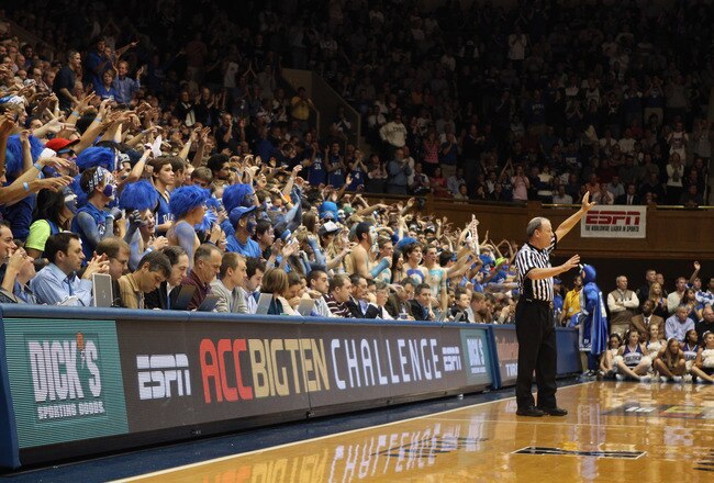 DURHAM, NC - DECEMBER 01:  Cameron Crazies watch on during the game between the Michigan State Spartans and the Duke Blue Devils at Cameron Indoor Stadium on December 1, 2010 in Durham, North Carolina.  (Photo by Streeter Lecka/Getty Images)