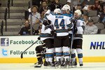 DALLAS, TX - MARCH 15:  The San Jose Sharks celebrate a goal against the Dallas Stars at American Airlines Center on March 15, 2011 in Dallas, Texas.  (Photo by Ronald Martinez/Getty Images)