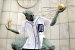 DETROIT - OCTOBER 20:  The Spirit of Detroit statue sits dressed in a giant Detroit Tigers jersey October 20, 2006 in Detroit, Michigan. The Tigers will face the St. Louis Cardnals in the 2006 World Series. The last time Detroit was in a World Series was in 1984. (Photo by Bill Pugliano/Getty Images)