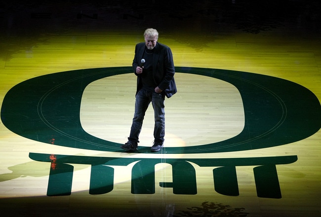 EUGENE, OR - JANUARY 13:  Nike founder Phil Knight speaks to the crowd  before the Oregon Ducks versus the USC Trojans game at the grand opening of the Matthew Knight Arena on January 13, 2011 at Matthew Knight Arena in Eugene, Oregon.  (Photo by Jonathan Ferrey/Getty Images)