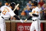 BALTIMORE - SEPTEMBER 13:  Brian Roberts #1 of the Baltimore Orioles is congratulated by Nick Markakis #21 after hitting a home run in the first inning against the Toronto Blue Jays at Camden Yards on September 13, 2010 in Baltimore, Maryland.  (Photo by Greg Fiume/Getty Images)
