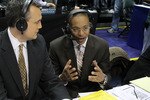 INDIANAPOLIS, IN - MARCH 10:  Big Ten Network announcers Gus Johnson (R) and Shon Morris call the game between the Indiana Hoosiers and the Penn State Nittany Lions during the first round of the 2011 Big Ten Men's Basketball Tournament at Conseco Fieldhouse on March 10, 2011 in Indianapolis, Indiana.  (Photo by Andy Lyons/Getty Images)