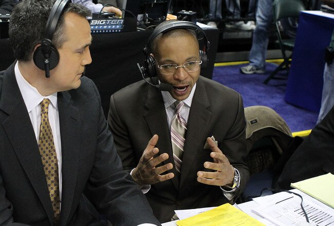 INDIANAPOLIS, IN - MARCH 10:  Big Ten Network announcers Gus Johnson (R) and Shon Morris call the game between the Indiana Hoosiers and the Penn State Nittany Lions during the first round of the 2011 Big Ten Men's Basketball Tournament at Conseco Fieldhouse on March 10, 2011 in Indianapolis, Indiana.  (Photo by Andy Lyons/Getty Images)