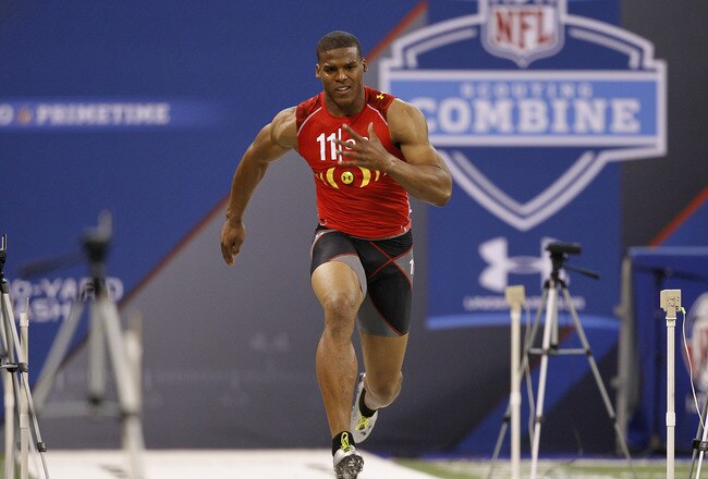 INDIANAPOLIS, IN - FEBRUARY 27: Cam Newton runs the 40-yard dash during the 2011 NFL Scouting Combine at Lucas Oil Stadium on February 27, 2011 in Indianapolis, Indiana. (Photo by Joe Robbins/Getty Images)