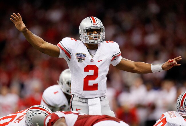 NEW ORLEANS, LA - JANUARY 04:  Quarterback Terrelle Pryor #2 of the Ohio State Buckeyes calls out from under center against the Arkansas Razorbacks during the Allstate Sugar Bowl at the Louisiana Superdome on January 4, 2011 in New Orleans, Louisiana.  (Photo by Kevin C. Cox/Getty Images)