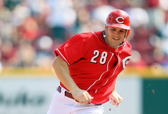 CINCINNATI - AUGUST 29:  Chris Heisey #28 of the Cincinnati Reds runs the bases during the game against the Chicago Cubs at Great American Ball Park on August 29, 2010 in Cincinnati, Ohio.  The Reds won 7-5. (Photo by Andy Lyons/Getty Images)