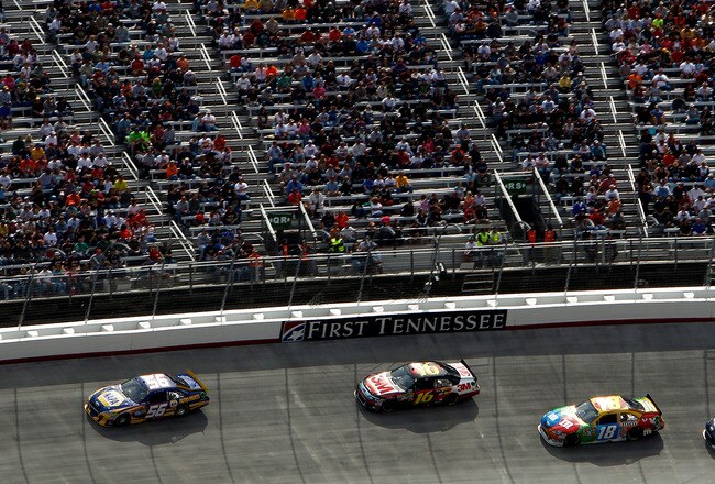 BRISTOL, TN - MARCH 20:  Martin Truex Jr., driver of the #56 NAPA Auto Parts Toyota, leads Greg Biffle, driver of the #16 3M Ford, Kyle Busch, driver of the #18 M&M's Toyota, and Kasey Kahne, driver of the #4 Red Bull Toyota, during the NASCAR Sprint Cup Series Jeff Byrd 500 Presented By Food City at Bristol Motor Speedway on March 20, 2011 in Bristol, Tennessee.  (Photo by Jeff Zelevansky/Getty Images)