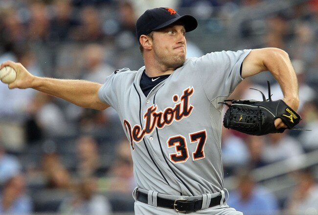 NEW YORK - AUGUST 16:  Max Scherzer #37 of the Detroit Tigers delivers a pitch against the New York Yankees on August 16, 2010 at Yankee Stadium in the Bronx borough of New York City.  (Photo by Jim McIsaac/Getty Images)