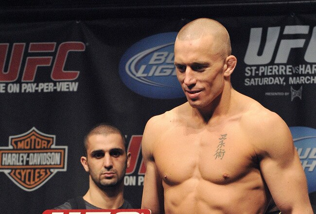 NEWARK, NJ - MARCH 26:  UFC fighter Georges St-Pierre (pictured) weighs in for his fight against UFC fighter Dan Hardy for the Championship Welterweight fight at UFC 111: St-Pierre vs. Hardy Weigh-In on March 26, 2010 in Newark, New Jersey.  (Photo by Jon Kopaloff/Getty Images)