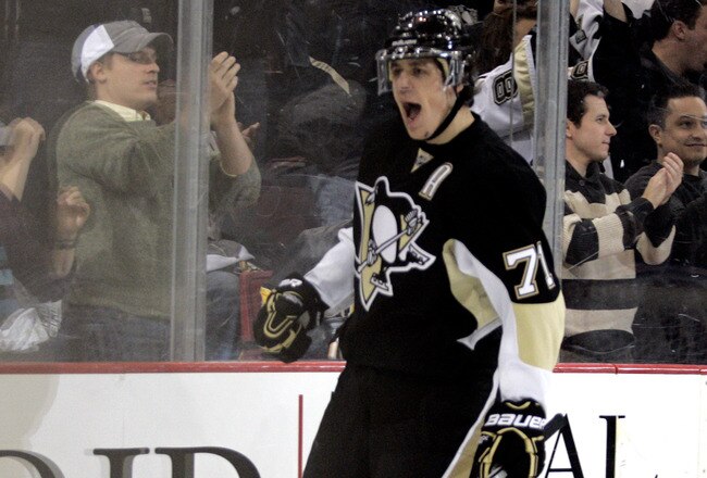 PITTSBURGH, PA - NOVEMBER 28:  Evgeni Malkin #71 of the Pittsburgh Penguins celebrates his goal against the New York Rangers in the first period at Mellon Arena on November 28, 2009 in Pittsburgh, Pennsylvania.  (Photo by Justin K. Aller/Getty Images)