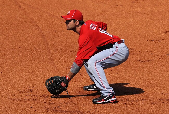 GOODYEAR, AZ - FEBRUARY 27:  Joey Votto #19 of the Cincinnati Reds gets ready to make a play against the Cleveland Indians at Goodyear Ballpark on February 27, 2011 in Goodyear, Arizona.  (Photo by Norm Hall/Getty Images)