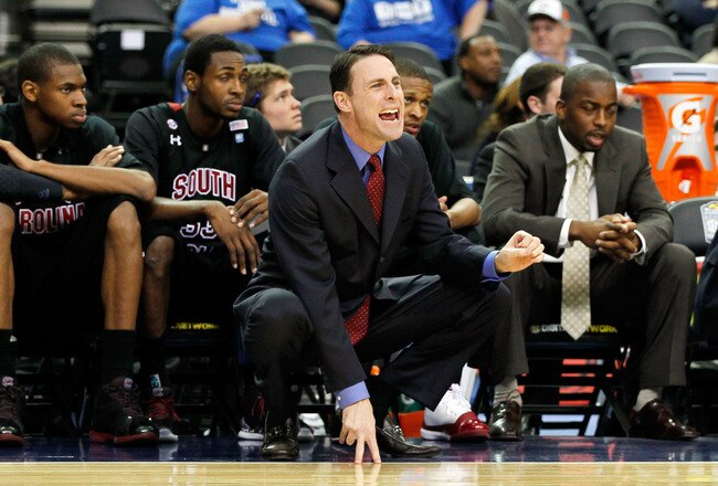 ATLANTA, GA - MARCH 10:  Head coach Darrin Horn of the South Carolina Gamecocks reacts against the Ole Miss Rebels during the first round of the SEC Men's Basketball Tournament at the Georgia Dome on March 10, 2011 in Atlanta, Georgia.  (Photo by Kevin C. Cox/Getty Images)