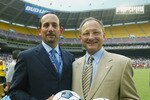 WASHINGTON - AUGUST 3:  Commissoner Don Garber (left) and  Dr. Robert Contiguglia (right) pose for a photo before the MLS All Star match against the US National Team on August 3, 2002 at RFK Stadium in Washington, D.C.  The MLS All Stars defeated the US National Team 3-2.  (Photo by Jamie Squire/Getty Images)
