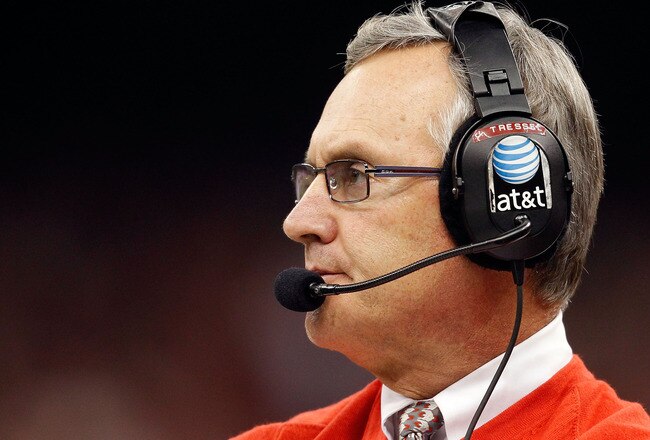NEW ORLEANS, LA - JANUARY 04:  Head coach Jim Tressel of the Ohio State Buckeyes looks on against the Arkansas Razorbacks during the Allstate Sugar Bowl at the Louisiana Superdome on January 4, 2011 in New Orleans, Louisiana.  (Photo by Matthew Stockman/Getty Images)