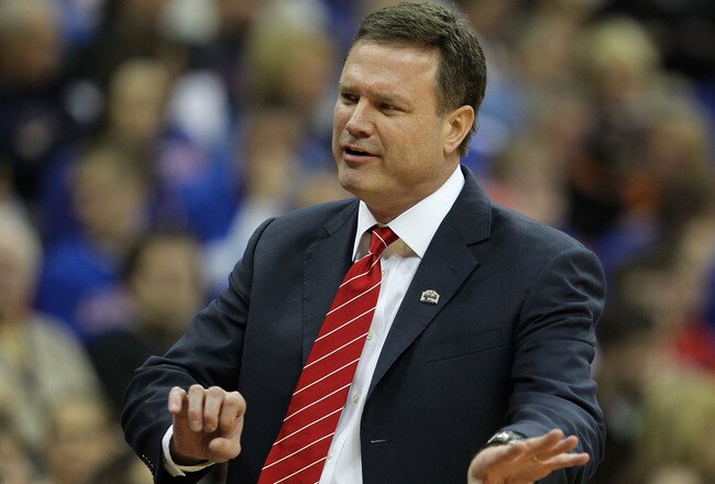 KANSAS CITY, MO - MARCH 12:  Head coach Bill Self of the Kansas Jayhawks looks on against the Texas Longhorns during the 2011 Phillips 66 Big 12 Men's Basketball Tournament championship game at Sprint Center on March 12, 2011 in Kansas City, Missouri.  (Photo by Jamie Squire/Getty Images)