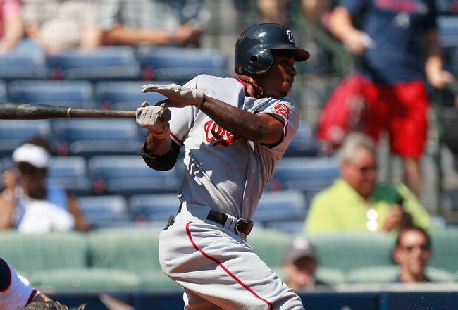 ATLANTA - SEPTEMBER 15:  Nyjer Morgan #1 of the Washington Nationals against the Atlanta Braves at Turner Field on September 15, 2010 in Atlanta, Georgia.  (Photo by Kevin C. Cox/Getty Images)