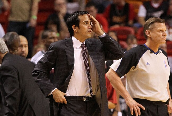 MIAMI, FL - MARCH 08:  Miami Heat head coach Erik Spoelstra reacts after losing a game against the Portland Trail Blazers at American Airlines Arena on March 8, 2011 in Miami, Florida. NOTE TO USER: User expressly acknowledges and agrees that, by downloading and/or using this Photograph, User is consenting to the terms and conditions of the Getty Images License Agreement.  (Photo by Mike Ehrmann/Getty Images)
