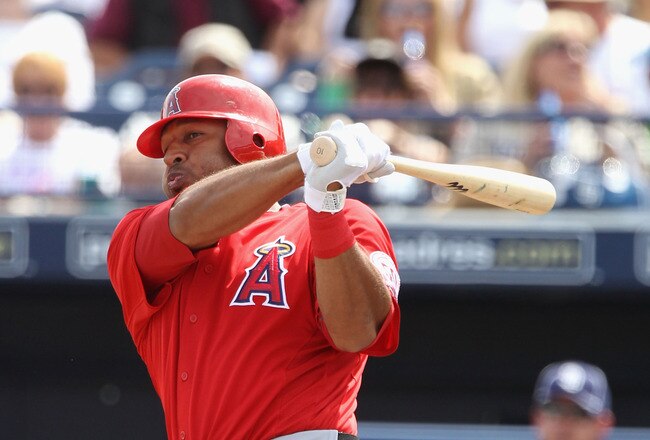 PEORIA, AZ - MARCH 15:  Vernon Wells #10 of the Los Angeles Angels of Anaheim bats against the San Diego Padres during the spring training game at Peoria Stadium on March 15, 2011 in Peoria, Arizona.  (Photo by Christian Petersen/Getty Images)