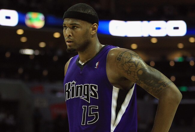 CHARLOTTE, NC - FEBRUARY 25:  DeMarcus Cousins #15 of the Sacramento Kings reacts to a call against the Charlotte Bobcats during their game at Time Warner Cable Arena on February 25, 2011 in Charlotte, North Carolina. NOTE TO USER: User expressly acknowledges and agrees that, by downloading and/or using this Photograph, User is consenting to the terms and conditions of the Getty Images License Agreement.  (Photo by Streeter Lecka/Getty Images)