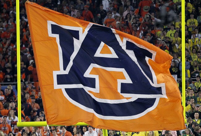 GLENDALE, AZ - JANUARY 10:  An Auburn Tigers flag is displayed at their Tostitos BCS National Championship Game against the Oregon Ducks at University of Phoenix Stadium on January 10, 2011 in Glendale, Arizona.  (Photo by Ronald Martinez/Getty Images)