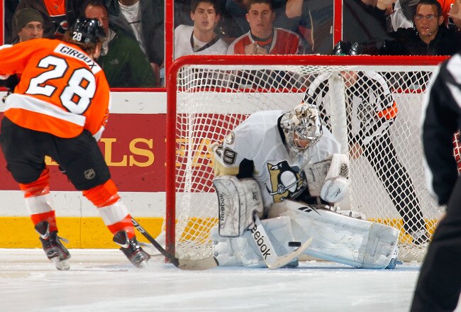 PHILADELPHIA - MARCH 24:  Marc Andre Fleury #29 of the Pittsburgh Penguins makes a save against Claude Giroux #28 of the Philadelphia Flyers during the shootout on March 24, 2011 at the Wells Fargo Center in Philadelphia, Pennsylvania.  (Photo by Lou Capozzola/Getty Images)