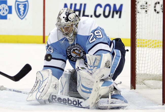 PITTSBURGH, PA - MARCH 27: Marc-Andre Fleury #29 of the Pittsburgh Penguins makes a save against the Florida Panthers at Consol Energy Center on March 27, 2011 in Pittsburgh, Pennsylvania. (Photo by Justin K. Aller/Getty Images)