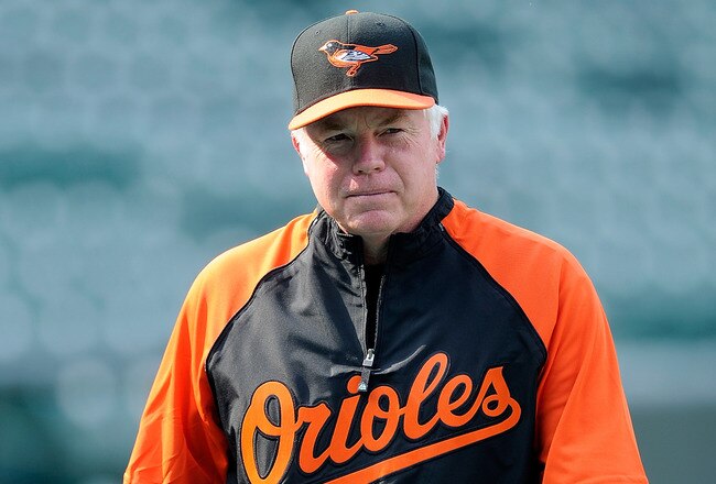 BALTIMORE - AUGUST 04:  Manager Buck Showalter of the Baltimore Orioles watches batting practice before the game against the Los Angeles Angels of Anaheim at Camden Yards on August 4, 2010 in Baltimore, Maryland.  (Photo by Greg Fiume/Getty Images)