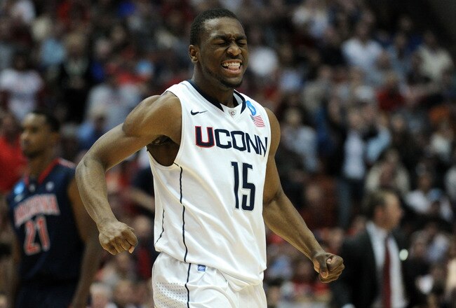 ANAHEIM, CA - MARCH 26:  Kemba Walker #15 of the Connecticut Huskies celebrates after a play towards the end of the game against the Arizona Wildcats during the west regional final of the 2011 NCAA men's basketball tournament at the Honda Center on March 26, 2011 in Anaheim, California.  (Photo by Harry How/Getty Images)