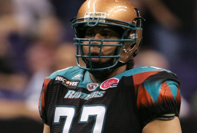 PHOENIX - JUNE 30:  Defensive lineman Anttaj Hawthorne #77 waits between plays during a game against the Grand Rapids Rampage at the US Airways Center in Phoenix, Arizona on June 30, 2008.  (Photo by Gene Lower/Getty Images)