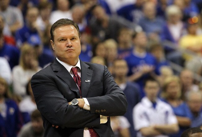 SAN ANTONIO, TX - MARCH 27:  Head coach Bill Self of the Kansas Jayhawks reacts during the southwest regional final of the 2011 NCAA men's basketball tournament against the Virginia Commonwealth Rams at the Alamodome on March 27, 2011 in San Antonio, Texas. Virginia Commonwealth defeated Kansas 71-61.  (Photo by Ronald Martinez/Getty Images)