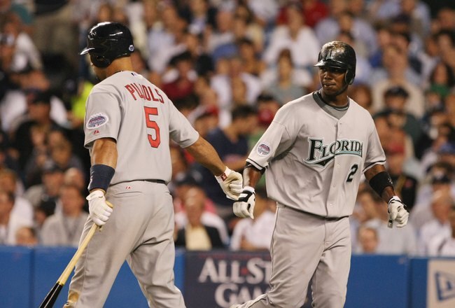 NEW YORK - JULY 15:  Hanley Ramirez #2 shakes hands with National League All-Stars teammate Albert Pujols #5 against the American League All-Stars during the 79th MLB All-Star Game at Yankee Stadium on July 15, 2008 in New York, New York. (Photo by Nick Laham/Getty Images)