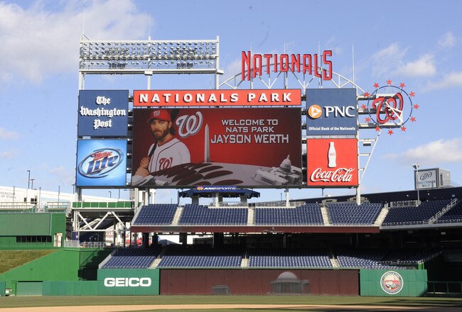 WASHINGTON, DC - DECEMBER 15:  A photo of Jayson Werth #28 of the Washington Nationals is displayed on a screen while he is introduced to the media on December 15, 2010 at Nationals Park in Washington, DC.  (Photo by Mitchell Layton/Getty Images)