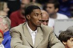 AUBURN HILLS, MI - JUNE 14:  NBA legend Scotty Pippen watches as the Detroit Pistons take on the San Antonio Spurs in Game three of the 2005 NBA Finals at The Palace of Auburn Hills on June 14, 2005 in Auburn Hills, Michigan. The Pistons defeated the Spurs 96-79.  NOTE TO USER: User expressly acknowledges and agrees that, by downloading and or using this photograph, User is consenting to the terms and conditions of the Getty Images License Agreement.  (Photo by Brian Bahr/Getty Images)