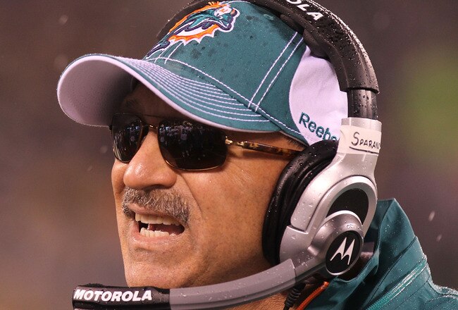 EAST RUTHERFORD, NJ - DECEMBER 12:  Head coach of the Miami Dolphins, Tony Sparano on the sideline against the New York Jets at New Meadowlands Stadium on December 12, 2010 in East Rutherford, New Jersey.  (Photo by Nick Laham/Getty Images)