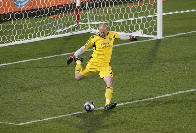 COMMERCE CITY, CO - MARCH 19: Golateender Adin Brown #24 of the Portland Timbers clears the ball against the Colorado Rapids at Dicks Sporting Goods Park on March 19, 2011 in Commerce City, Colorado. The Rapids defeated the Timbers 3-1.  (Photo by Michael Martin/Getty Images)