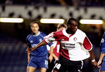 24 Nov 1999:  Somalia of Feyenoord is watched by Frank Leboeuf of Chelsea during the UEFA Champions League group D match at Stamford Bridge in London. Chelsea won 3-1.  \ Mandatory Credit: Shaun Botterill /Allsport