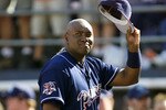 7 Oct 01:  San Diego Padres outfielder Tony Gwynn #19 salutes the crowd during ceremonies prior to their game versus the Colorado Rockies at Qualcomm Stadium in San Diego, California.  It was Gwynn's final game.  The Rockies won 14-5.  DIGITAL IMAGE Mandatory Credit:  Stephen Dunn/Allsport