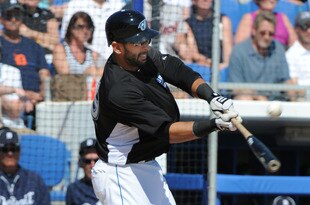 DUNEDIN, FL - FEBRUARY 26:  Infielder Jose Bautista #19 of the Toronto Blue Jays bats against the Detroit Tigers February 26, 2011 at Florida Auto Exchange Stadium in Dunedin, Florida.  (Photo by Al Messerschmidt/Getty Images)