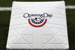 KANSAS CITY, MO - MARCH 31:  A base displays an Opening Day logo prior to the start of the opening day game between the Los Angeles Angels of Anaheim and the Kansas City Royals at Kauffman Stadium on March 31, 2011 in Kansas City, Missouri.  (Photo by Jamie Squire/Getty Images)