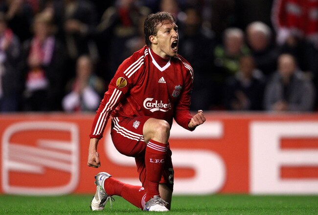 LIVERPOOL, ENGLAND - MARCH 18:   Lucas of Liverpool celebrates winning a penalty during the UEFA Europa League Round of 16, second leg match at Anfield on March 18, 2010 in Liverpool, England.  (Photo by Alex Livesey/Getty Images)