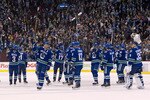 VANCOUVER, CANADA - MARCH 31: The Vancouver Canucks salut their fans after defeating the Los Angeles Kings in NHL action on March 31, 2011 at Rogers Arena in Vancouver, BC, Canada.  (Photo by Rich Lam/Getty Images)