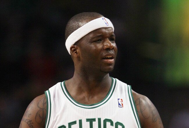 BOSTON, MA - JANUARY 03:  Jermaine O'Neal #7 of the Boston Celtics reacts after he is called for a foul in the first half against the Minnesota Timberwolves on January 3, 2011 at the TD Garden in Boston, Massachusetts. NOTE TO USER: User expressly acknowledges and agrees that, by downloading and/or using this Photograph, User is consenting to the terms and conditions of the Getty Images License Agreement.  (Photo by Elsa/Getty Images)