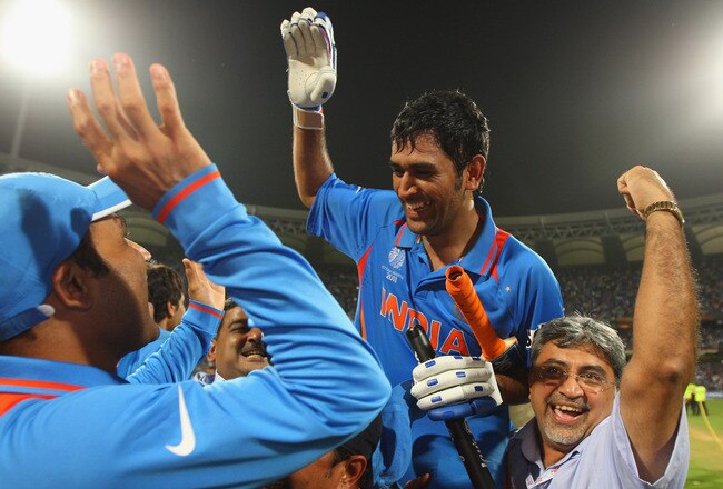 MUMBAI, INDIA - APRIL 02:  Mahendra Singh Dhoni of India celebrates after hitting the winning runs during the 2011 ICC World Cup Final between India and Sri Lanka at the Wankhede Stadium on April 2, 2011 in Mumbai, India.  (Photo by Tom Shaw/Getty Images)