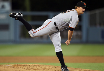 LOS ANGELES, CA - SEPTEMBER 04:  Matt Cain #18 of the San Francisco Giants pitches against the Los Angeles Dodgers in the game at Dodger Stadium on September 4, 2010 in Los Angeles, California.  (Photo by Jeff Gross/Getty Images)